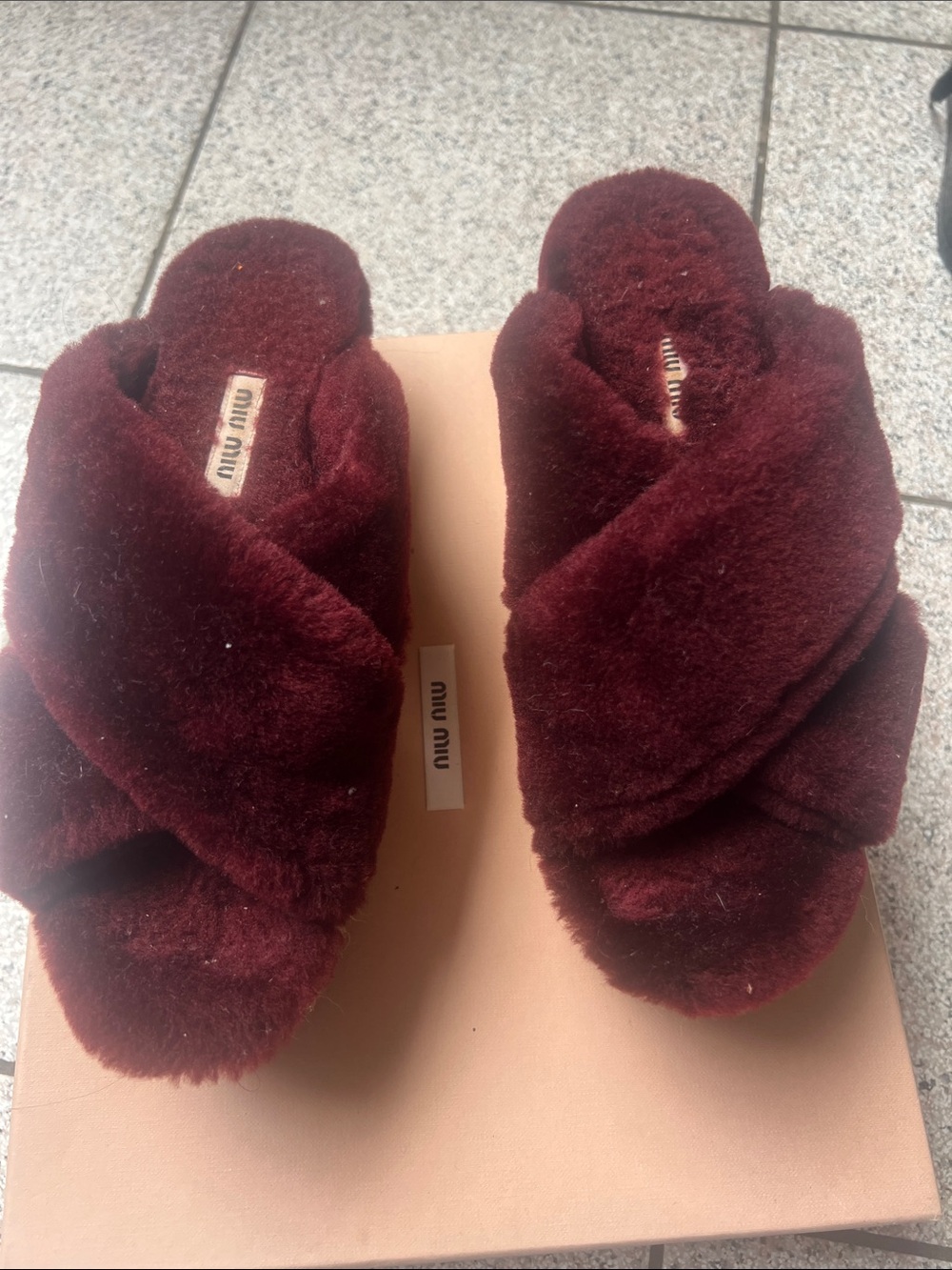 Miu Miu Burgundy Plush Crisscross Slide shoes